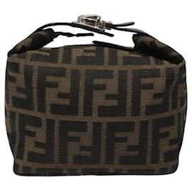 Fendi-FENDI Zucca Canvas Vanity Pouch Brown Black Silver Auth 113786-Brown,Black,Silvery