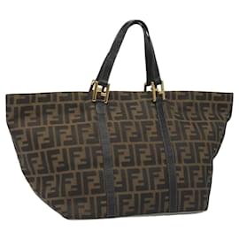 Fendi-FENDI Zucca Canvas Hand Bag Brown Black gold Auth 110407-Brown,Black,Golden