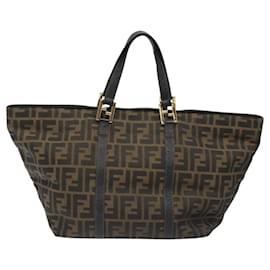 Fendi-FENDI Zucca Canvas Hand Bag Brown Black gold Auth 110407-Brown,Black,Golden