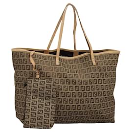 Fendi-FENDI Zucchino Canvas Tote Bag Beige Auth ac3574-Beige