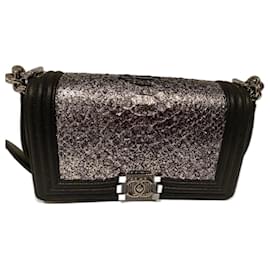 Chanel-CHANEL BOY Silver Python & Black Goatskin Medium Boy Bag RARE!  * Collectors Piece*-Black,Silvery,Silver hardware