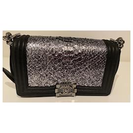 Chanel-CHANEL BOY Silver Python & Black Goatskin Medium Boy Bag RARE!  * Collectors Piece*-Black,Silvery,Silver hardware