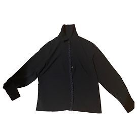 Camicia Blusa Chanel Blu Navy in Crepe con Profilo in Tweed Blu navy