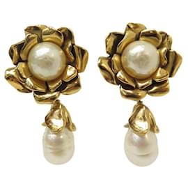 Yves Saint Laurent-VINTAGE YVES SAINT LAURENT DROP EARRINGS PEARLS FLOWERS-Golden