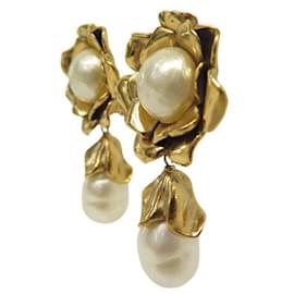 Yves Saint Laurent-VINTAGE YVES SAINT LAURENT DROP EARRINGS PEARLS FLOWERS-Golden