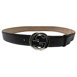 Gucci-GUCCI BELT 114984 GG SILVER BUCKLE T95 BLACK SIGNATURE LEATHER-Black