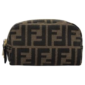 Fendi-FENDI Zucca Canvas Pouch Brown Black Auth 114599-Brown,Black