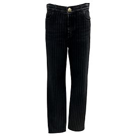 Chanel Black Pinstriped Ankle Zip Denim Jeans Black