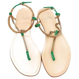 Gucci-Gucci Green Suede And Metal Chain Ankle Strap Thong Sandals Size 38 EU-Beige