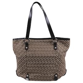 Fendi-FENDI Zucchino Canvas & Leather Shoulder Bag in Beige×Brown 8BH197-Beige