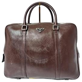 Prada-Prada Enameled Metal Triangle Saffiano-Trimmed Tessuto Laptop Bag Burgundy-Brown
