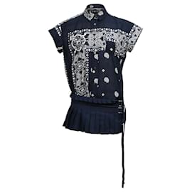 Sacai- Sacai Paisley Print Pleated Shirt in Navy Blue Polyester-Blue,Navy blue