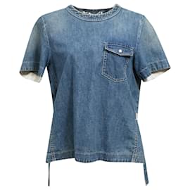 Sacai- Sacai Pleated Belted T-Shirt in Blue Cotton Denim-Blue,Light blue