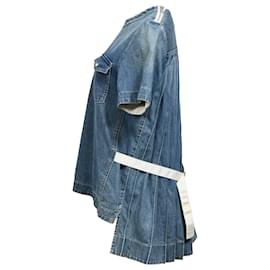 Sacai- Sacai Pleated Belted T-Shirt in Blue Cotton Denim-Blue,Light blue