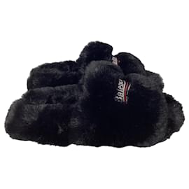 Balenciaga-Balenciaga Faux Fur Slides in Black Nylon-Black