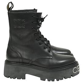 Céline  Celine Logo-Embellished Combat Boots in Black Leather Black