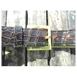 Hermès-vintage Hermès crocodile leather belt 80cms, gold-plated steel buckle-Brown