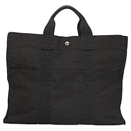 Hermès-HERMES Sac Tote MM Her Line Toile Gris Argent Auth bs22307-Marron,Argenté