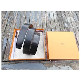 Hermès-Hermès smooth black calfskin belt / Epsom gold 90 cm new box and dustbag-Black