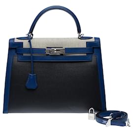 Hermès-HERMES Kelly 32 Bag in Blue Canvas - 102529-Blue
