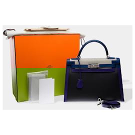 Hermès-HERMES Kelly 32 Bag in Blue Canvas - 102529-Blue