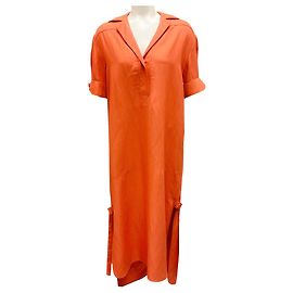 Agnona Orange Kurzarm-Leinen-Midikleid Orange