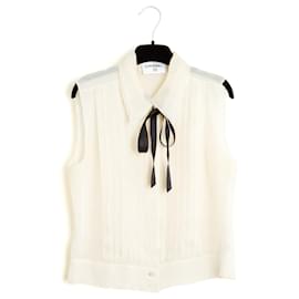 Chanel-Chanel circa 2000 Top FR36 Ecru Silk Organza black Ascot Blouse Shirt UK8 US6-Cream