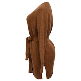Theory-Theory Malinka Belted Cable-Knit Cardigan in Brown Cashmere-Brown,Red