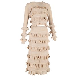 Suéter de ponto metálico com babados e saia midi Zimmermann em viscose bege Bege