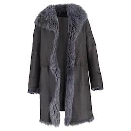 Joseph- Joseph Fur-Lined Open Coat in Grey Leather-Grey