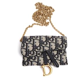 Dior-Dior Saddle Mini Pochette Oblique Blue Jacquard Wallet on Chain or Bag on Belt-Blue,Gold hardware