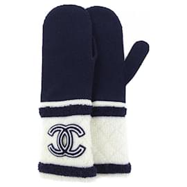 Chanel-Chanel Cashmere Warm Gloves-White,Navy blue