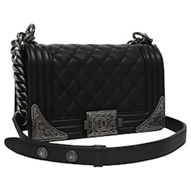 Chanel-CHANEL Chain Matelasse Boy Chanel Shoulder Bag Lamb Skin Black CC Auth BA244S-Black