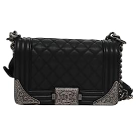 Chanel-CHANEL Chain Matelasse Boy Chanel Shoulder Bag Lamb Skin Black CC Auth BA244S-Black