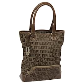 Fendi-FENDI Zucchino Canvas Hand Bag Brown Beige Silver Auth 115510-Brown,Silvery,Beige