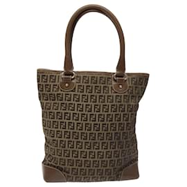 Fendi-FENDI Zucchino Canvas Hand Bag Brown Beige Silver Auth 115510-Brown,Silvery,Beige