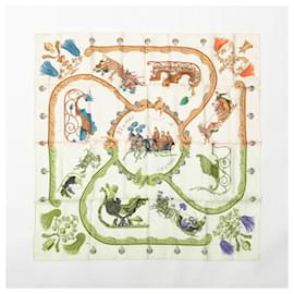 Hermès-Hermès Carré 90 "Plumes et Grelots" 100% Silk Scarf in Beige-Beige