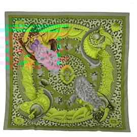 Hermès-Hermès Carré 90 "CASQUES et PLUMETS" 100% Silk Scarf in Green-Green