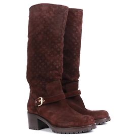 LOUIS VUITTON - Stivali in suede goffrato monogramma marrone foderati in pelliccia Louis Vuitton (taglia 39,5) Marrone