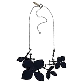 Marni- Marni Floral and Rhinestone Embellished Necklace in Blue Cotton and Brass-Blue,Navy blue
