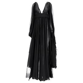 Vestido maxi de seda preta com decote profundo transparente Saint Laurent Preto