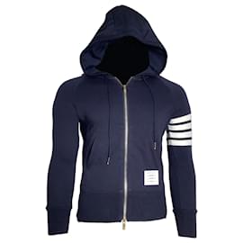 Thom Browne-Thom Browne 4-Bar Loopback Zip Hoodie in Navy Cotton-Blue,Navy blue