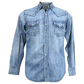 Saint Laurent- Saint Laurent Button-Down Shirt in Blue Cotton Denim-Blue,Light blue