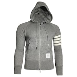 Thom Browne-Thom Browne 4-Bar Loopback Zip Hoodie in Grey Cotton-Grey