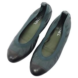 Chanel-NINE CHANEL G26642 BALLET FLATS 39.5 IN GREEN BLACK LEATHER FLAT SHOES-Green