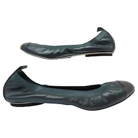 Chanel-NINE CHANEL G26642 BALLET FLATS 39.5 IN GREEN BLACK LEATHER FLAT SHOES-Green