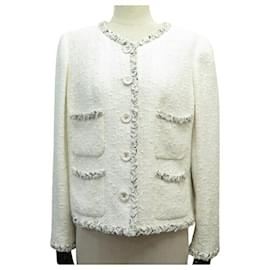 Chanel-CHANEL JACKET GOLD CC LOGO BUTTONS P30632V20636 XL 46 WHITE TWEED-White