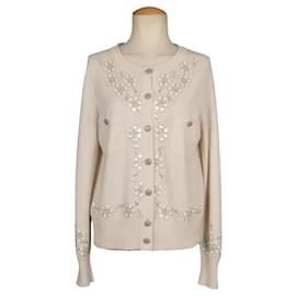 Chanel-CHANEL 12C IVORY CASHMERE JEWELED JACKET CARDIGAN CC FR 42-Silvery,Beige