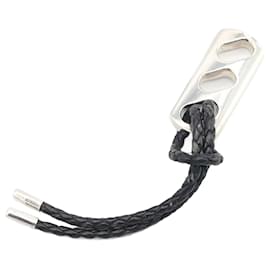 Hermès-Hermes Sterling Silver and Leather Keyring-Black,Silvery