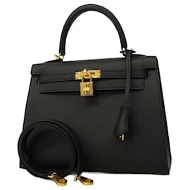 Hermès-Sac à main Hermes Kelly 25 en cuir Epsom noir-Noir